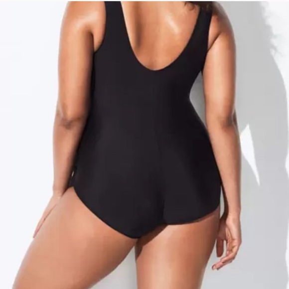 Gottex front skirted side swept ribbed one piece bathing suit black. Size 14. - Picture 2 of 11